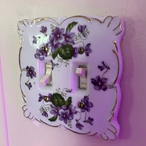 Vintage Porcelain Light Switch Cover with Purple Floral Design